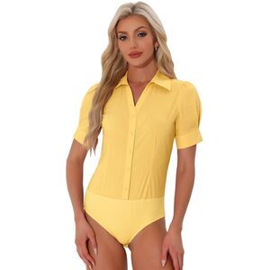 Button Down Leotard Shirt Short Sleeve Collared Work Bodysuit Tops Yellow